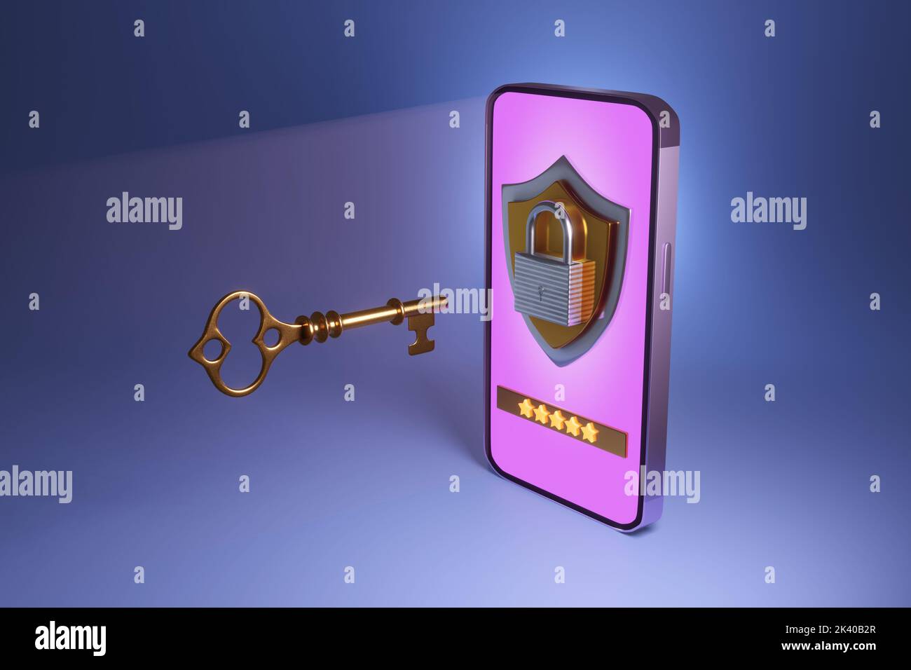 Mobile phone showing a shield, a password input field and a lock which is being opened by a gold key. Cybersecurity of cell phones and the Internet Stock Photo