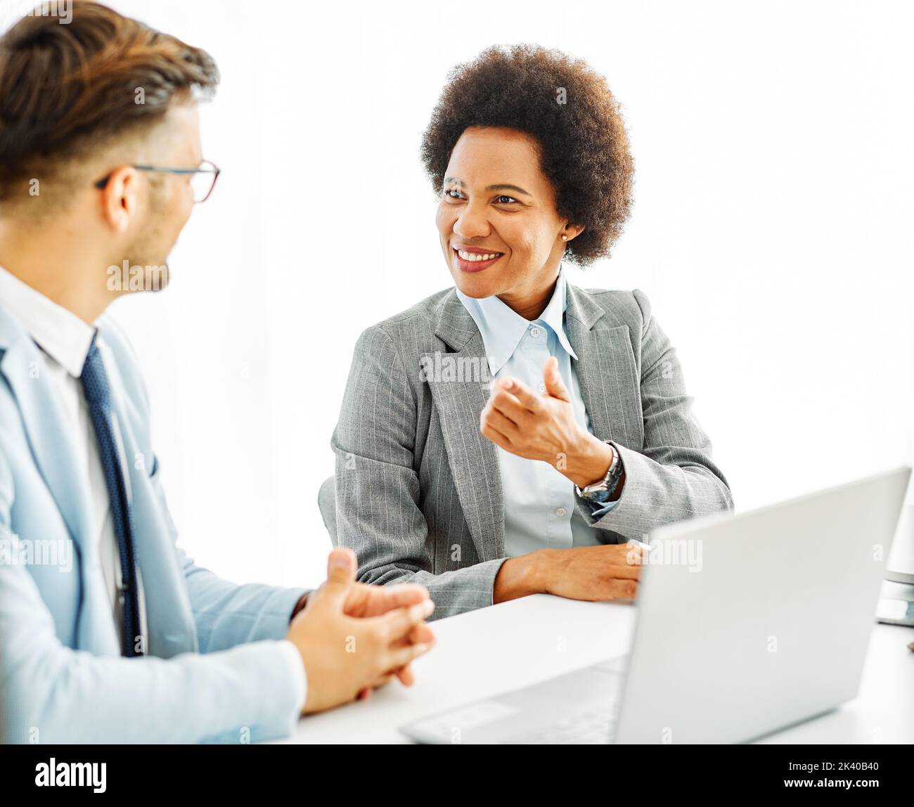 business businesswoman leader black african american meeting office talking portrait woman laptop Stock Photo