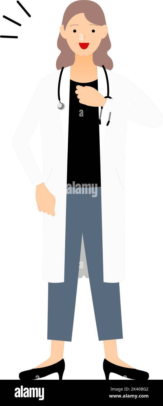Female doctor in white coat clapping her chest, pose of safety and trust Stock Vector