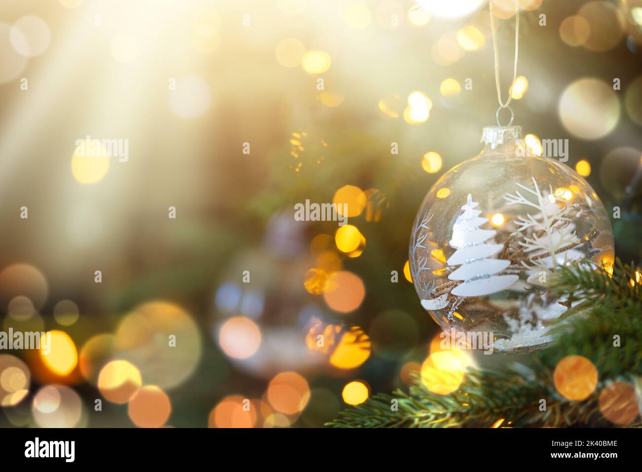 Festive Christmas ornaments with bokeh and lights. Copy space Stock Photo