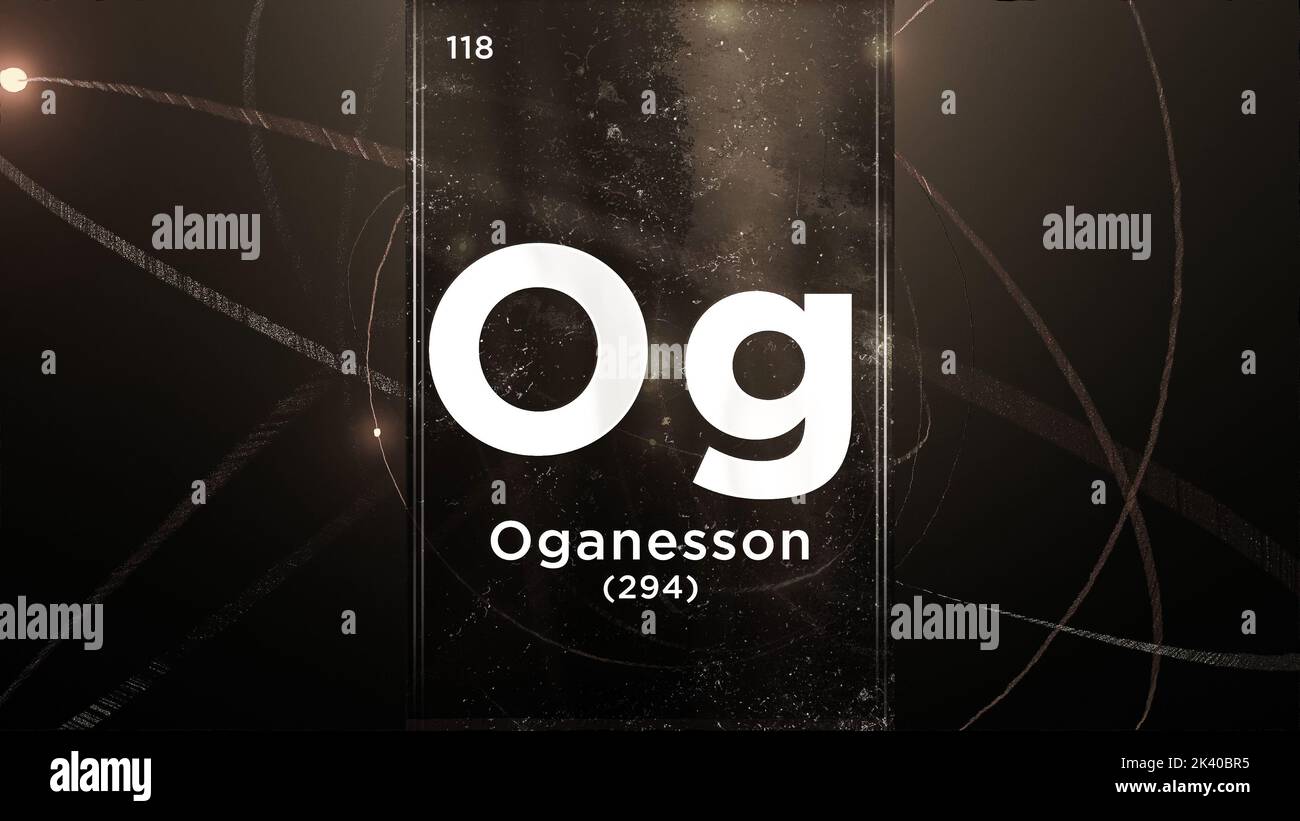 Oganesson (Og) symbol chemical element of the periodic table, 3D animation on atom design background Stock Photo