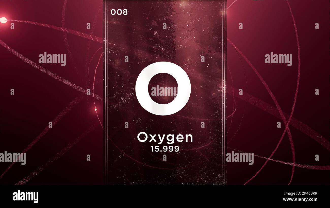 Oxygen (O) symbol chemical element of the periodic table, 3D animation on atom design background Stock Photo