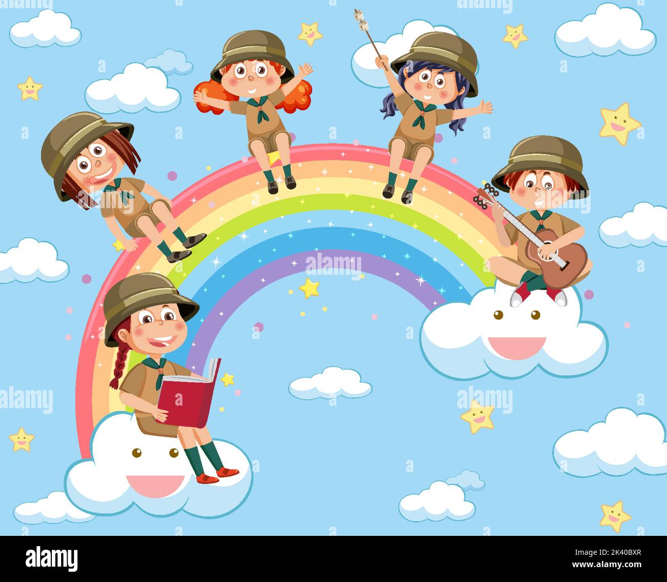 Happy kids in in the sky with rainbow illustration Stock Vector Image ...