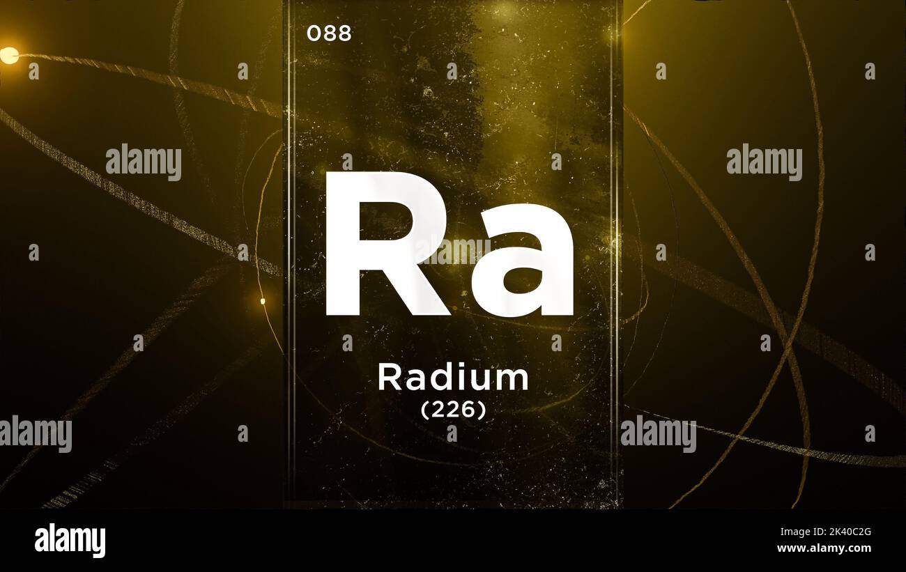 Radium (Ra) symbol chemical element of the periodic table, 3D animation on atom design background Stock Photo