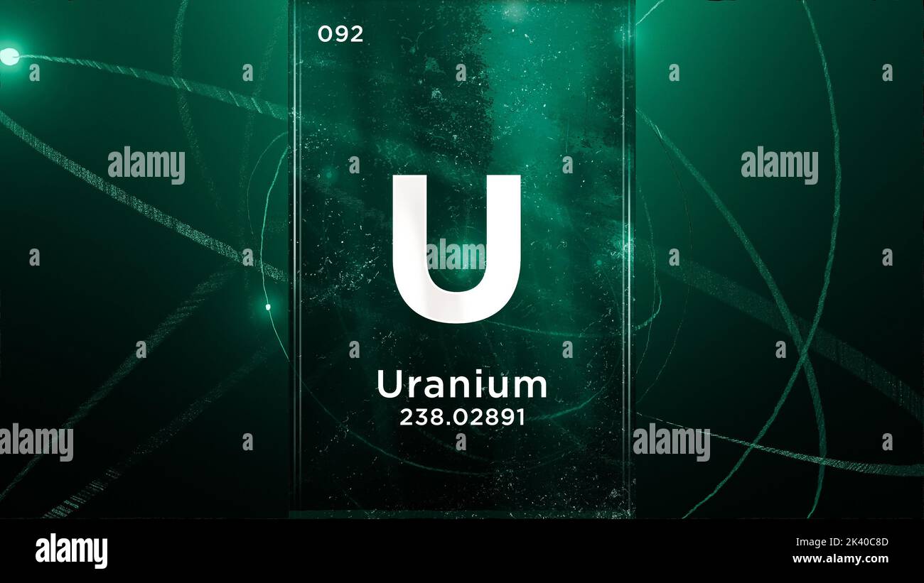 Uranium (U) symbol chemical element of the periodic table, 3D animation on atom design background Stock Photo