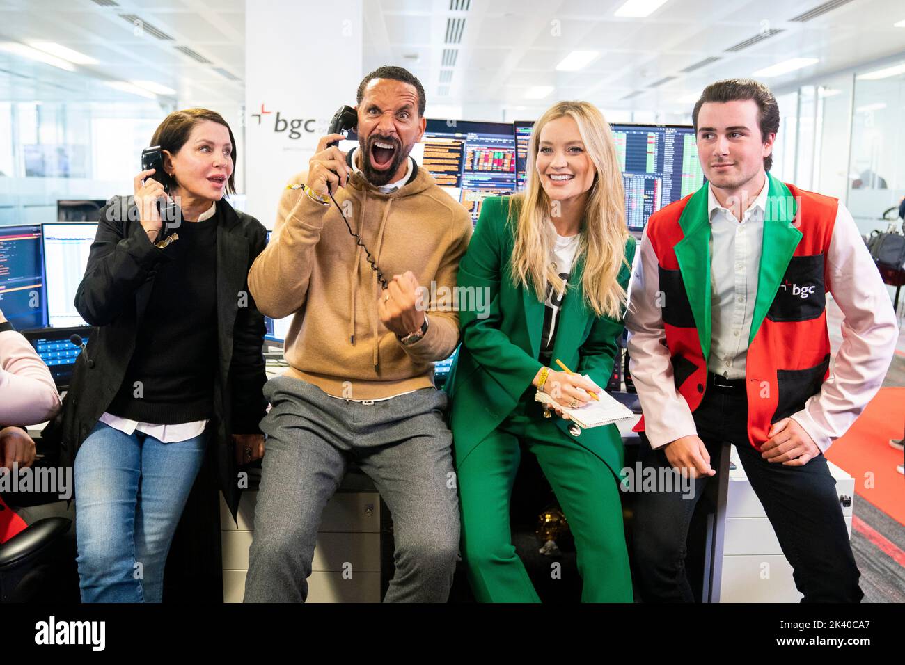 (left to right) Sadie Frost, Rio Ferdinand and Laura Whitmore during the BGC annual charity day at Canary Wharf in London, in commemoration of BGC's 658 colleagues and the 61 Eurobrokers employees lost on 9/11. Over the past 18 years, approximately 192 million US Dollars has been raised as a direct result of the charity day. Picture date: Thursday September 29, 2022. Stock Photo
