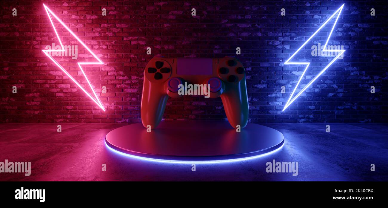 Cyber Gaming Joystick Neon Glowing Brick Wall Room With Thunderbolt Lights Purple Blue Glossy Stage Grunge Concrete Inrustrial Tunnel Corridor Showroo Stock Photo