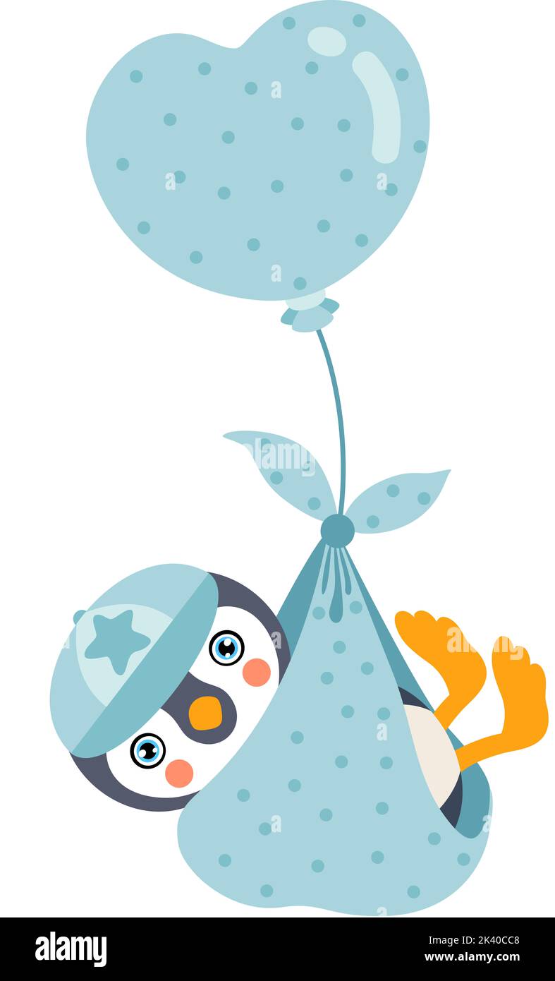 Cute baby boy penguin flying with blue heart balloon Stock Photo - Alamy
