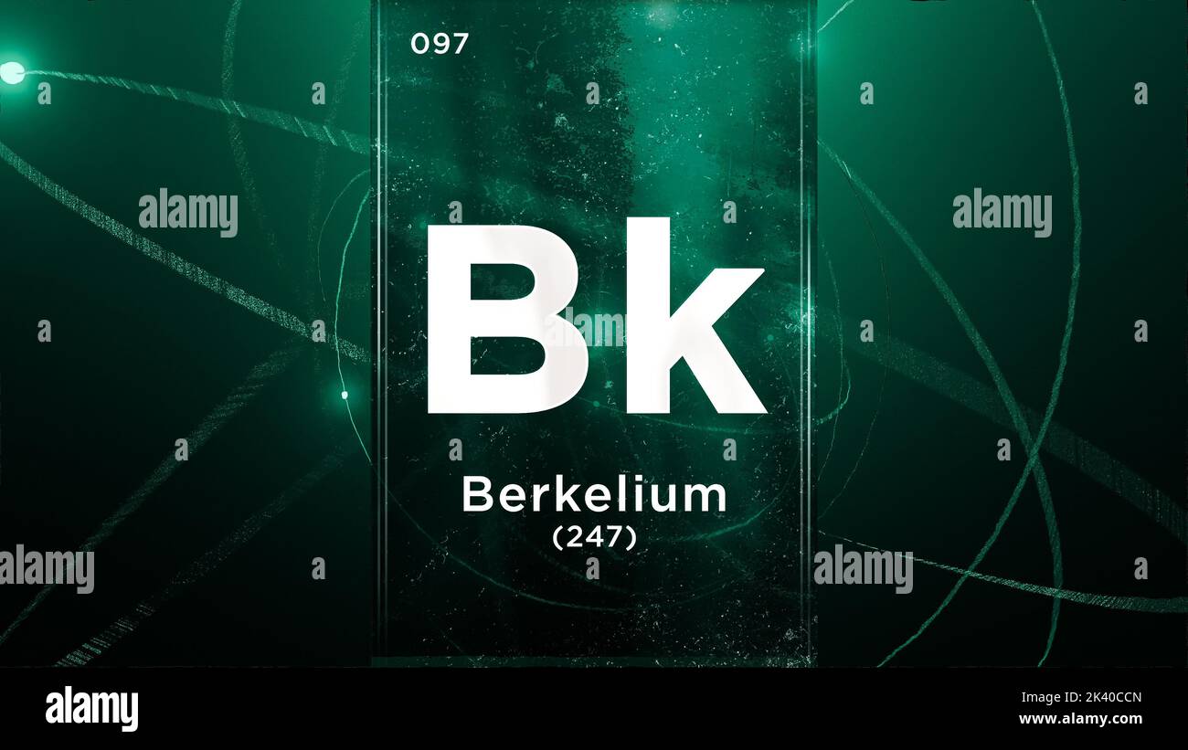 Berkelium (Bk) symbol chemical element of the periodic table, 3D animation on atom design background Stock Photo