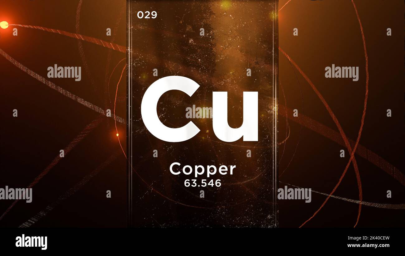 Copper (Cu) symbol chemical element of the periodic table, 3D animation on atom design background Stock Photo