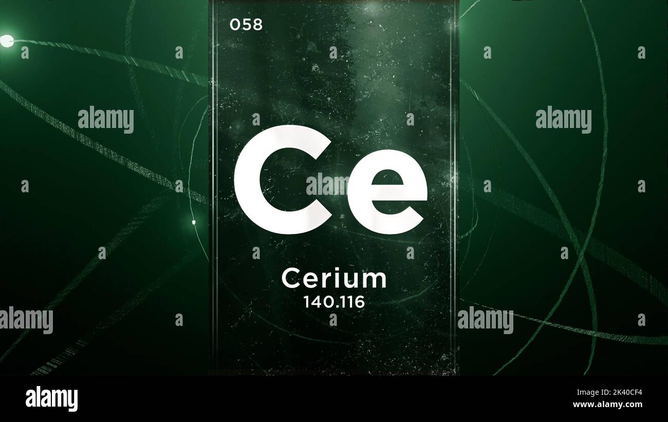 Cerium (Ce) symbol chemical element of the periodic table, 3D animation on atom design background Stock Photo