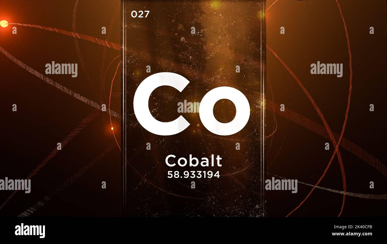 Cobalt (Co) symbol chemical element of the periodic table, 3D animation on atom design background Stock Photo