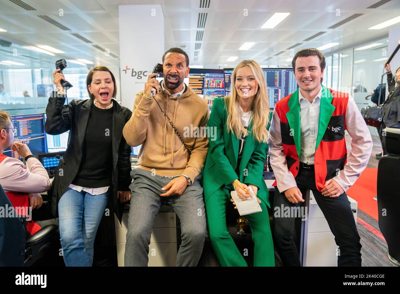 (left to right) Sadie Frost, Rio Ferdinand and Laura Whitmore during the BGC annual charity day at Canary Wharf in London, in commemoration of BGC's 658 colleagues and the 61 Eurobrokers employees lost on 9/11. Over the past 18 years, approximately 192 million US Dollars has been raised as a direct result of the charity day. Picture date: Thursday September 29, 2022. Stock Photo