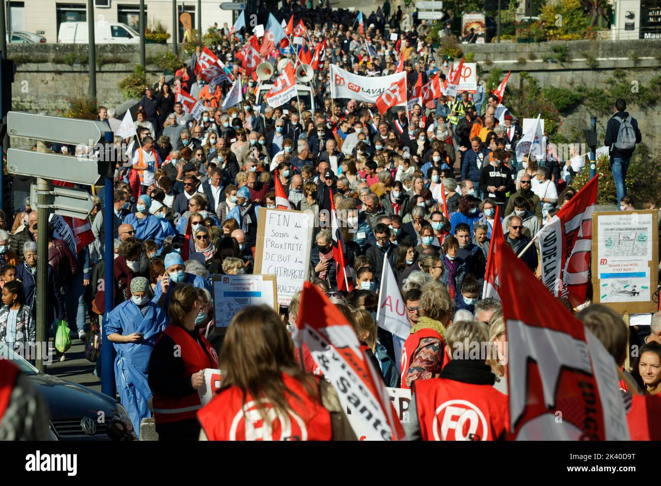 Demonstration of people in the street to protest against the closure of services at the public hospital (Mayenne city, Loire country, France. 2021-10) Stock Photo