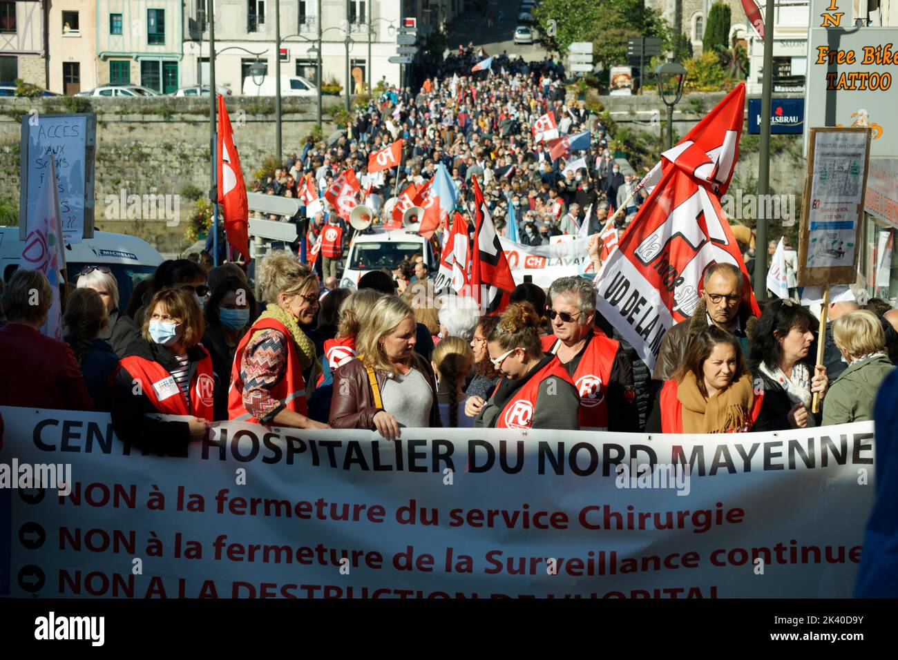 Demonstration of people in the street to protest against the closure of services at the public hospital (Mayenne city, Loire country, France. 2021-10) Stock Photo