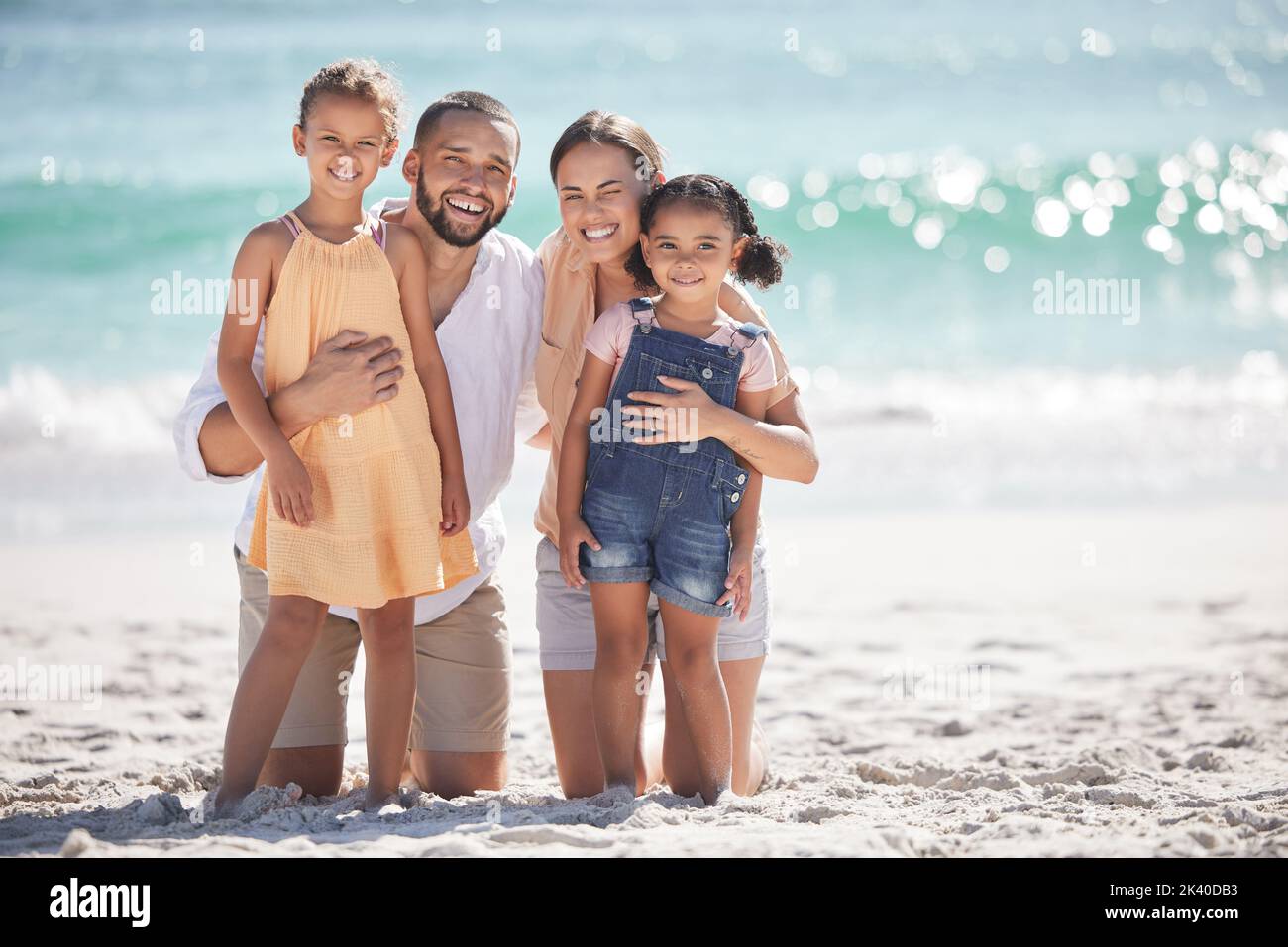 Family beach, children travel and parents on holiday with kids in the