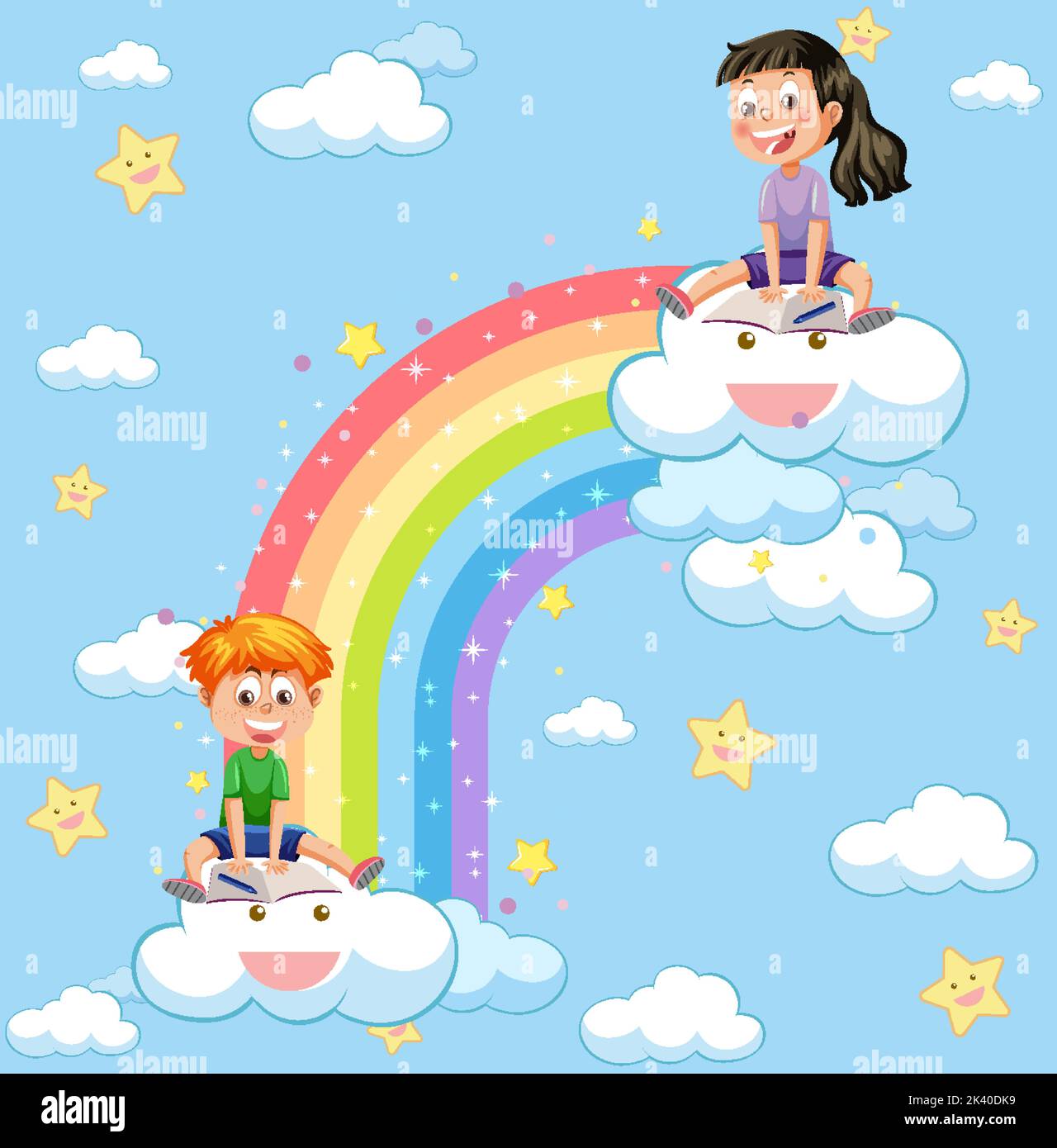 Happy kids in in the sky with rainbow illustration Stock Vector Image ...