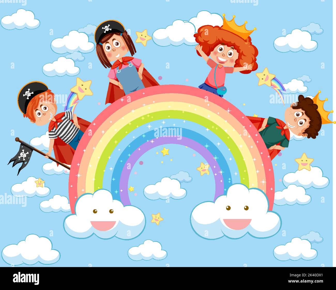 Happy kids in in the sky with rainbow illustration Stock Vector Image ...