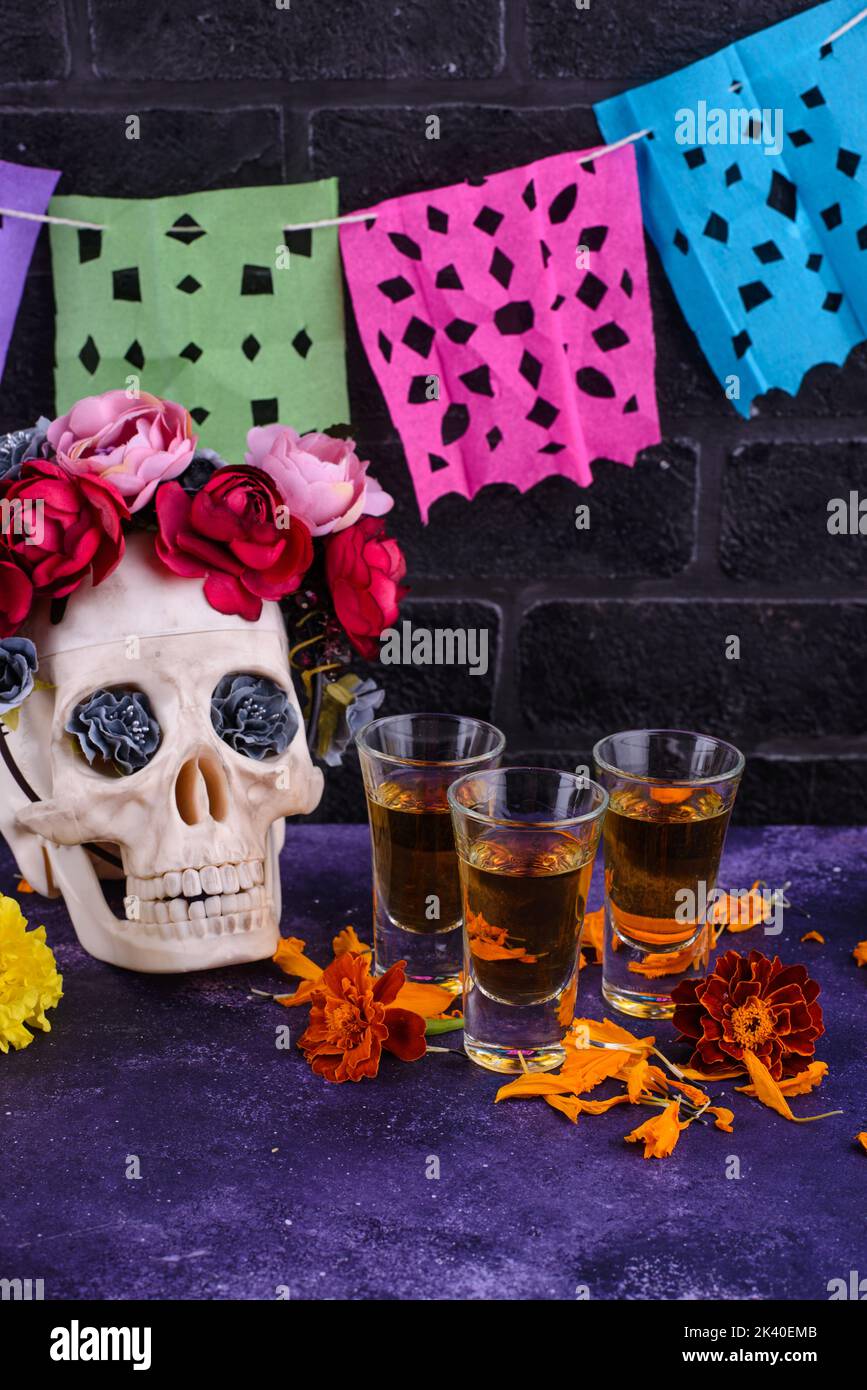 Marigold tequila for Dia De Los Muertos Stock Photo