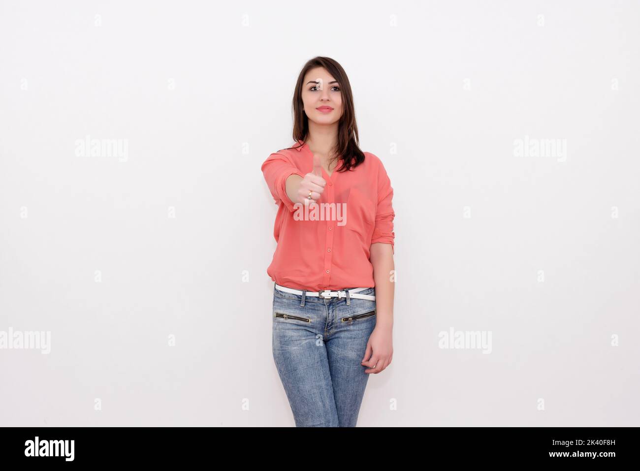 Happy woman with thumbs up - isolated over a white background Stock ...