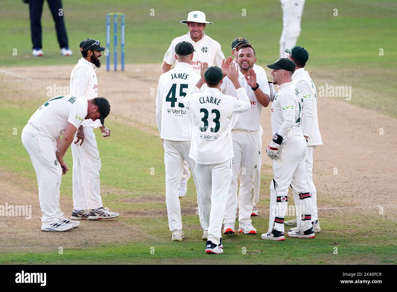 Nottinghamshire's Dane Paterson celebrates the wicket of Durham's Nic Maddinson with team-mates during day four of the LV= Insurance County Championship, Division two match at Trent Bridge, Nottingham. Picture date: Thursday September 29, 2022. Stock Photo