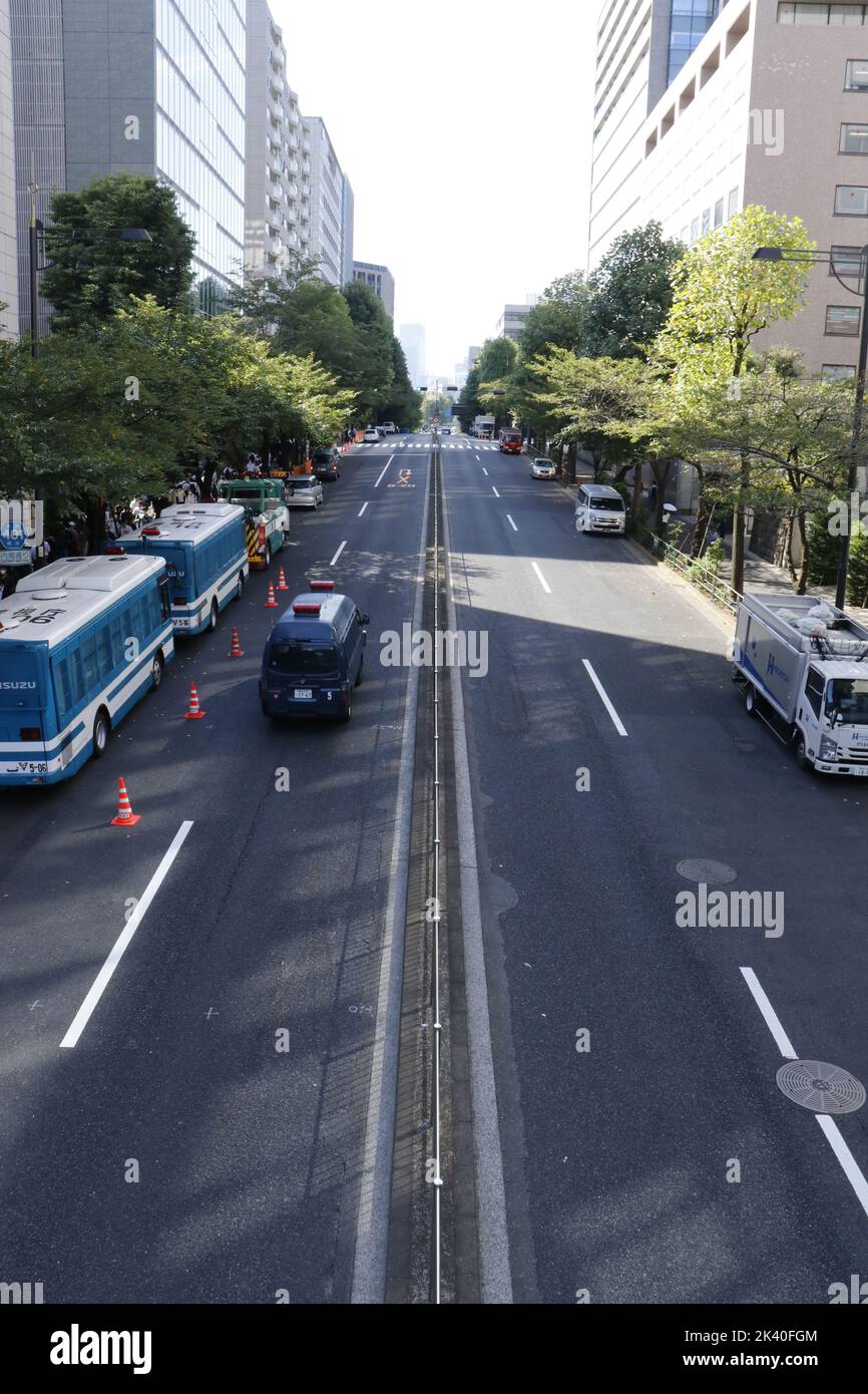 Police officers blocks the road leading to Nippon Budokan, where the state funeral for former prime minister Shinzo Abe is held, on September 27, 2022 in Tokyo, Japan. Stock Photo