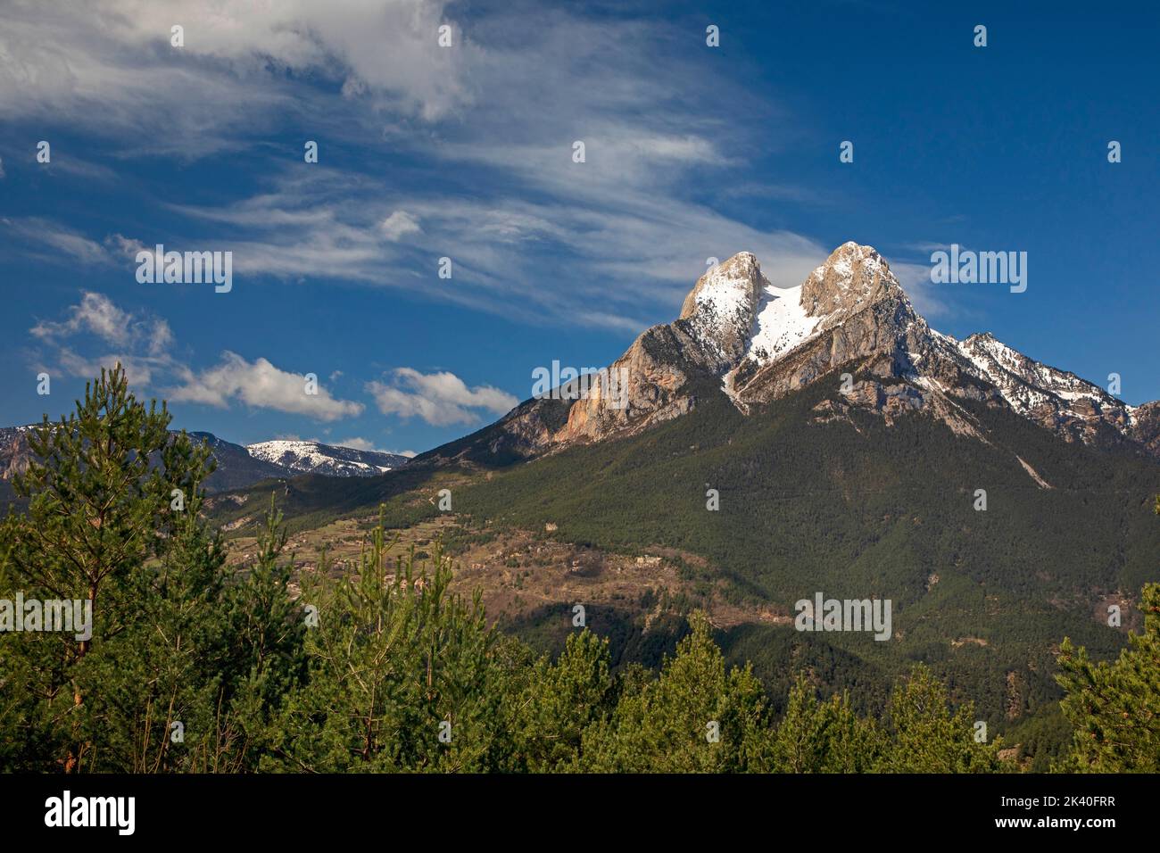 Pedraforca, forked shape mountain in the Pyrenees, Spain, Katalonia, Cadi-Moixero Stock Photo