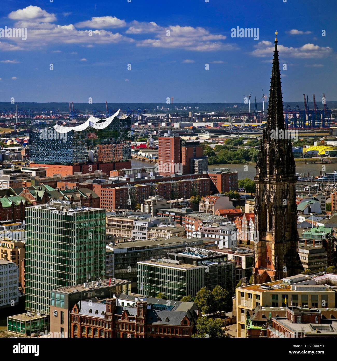 city view from above with the St. Nikolai memorial and the Elbphilharmonie, Germany, Hamburg Stock Photo