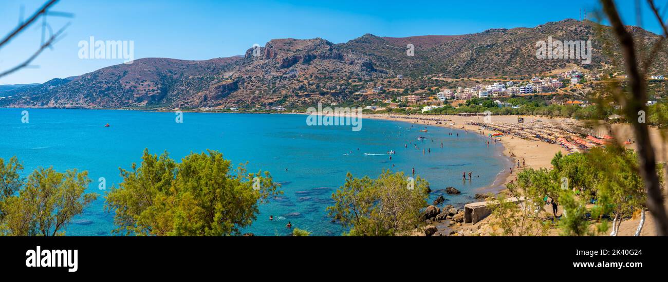 View of traditional greek village and beach Paleochora, Crete, Greece. Scenic panoramic picture of Paleochora village and beach in island Crete, Greec Stock Photo