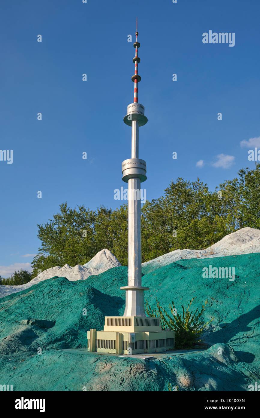 The miniature of the Almaty TV tower in the Kok Tobe mountains. At Atameken Map of Kazakhstan miniature park in Astana, Kazakhstan. Stock Photo