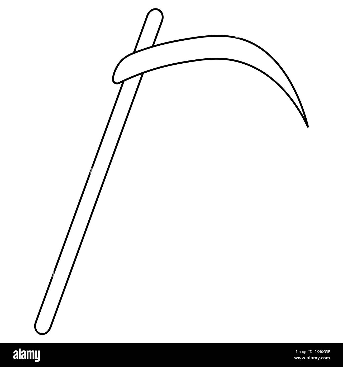 Scythe of death. A terrible tool. Vector illustration. Outline on an isolated white background. Doodle style. Sketch. Halloween symbol. Sharpened blad Stock Vector