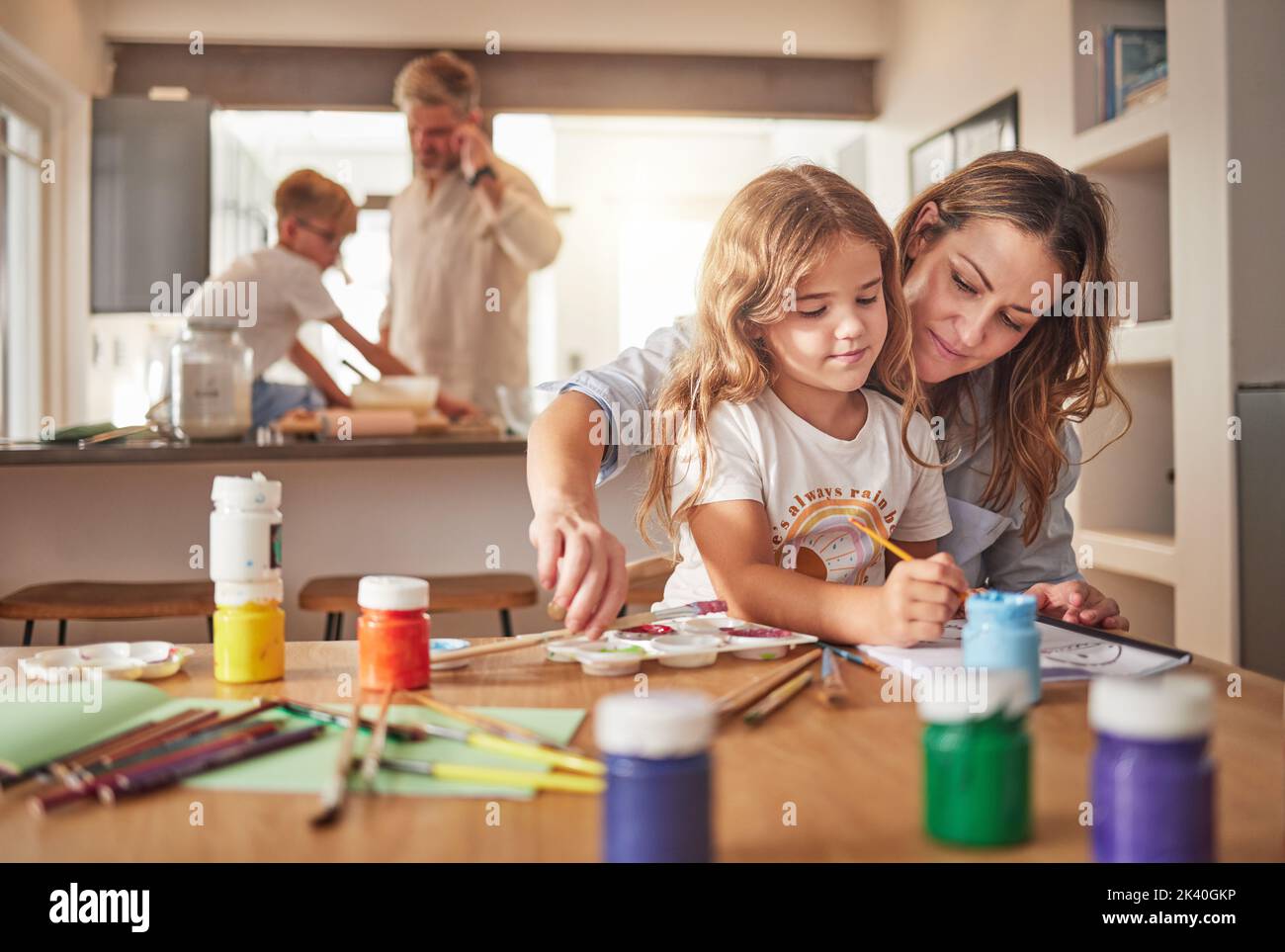 Creative, art and family painting and learning at home for education, design and relax together for child development. Happy, inspiration or sketch Stock Photo