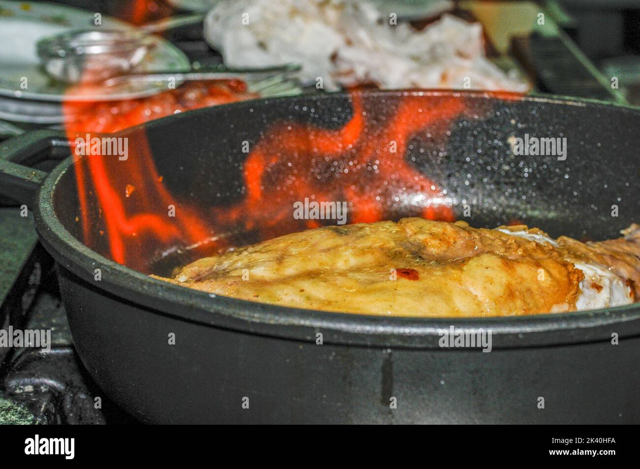 Flambeed sole Meuniere with brandy. Stock Photo