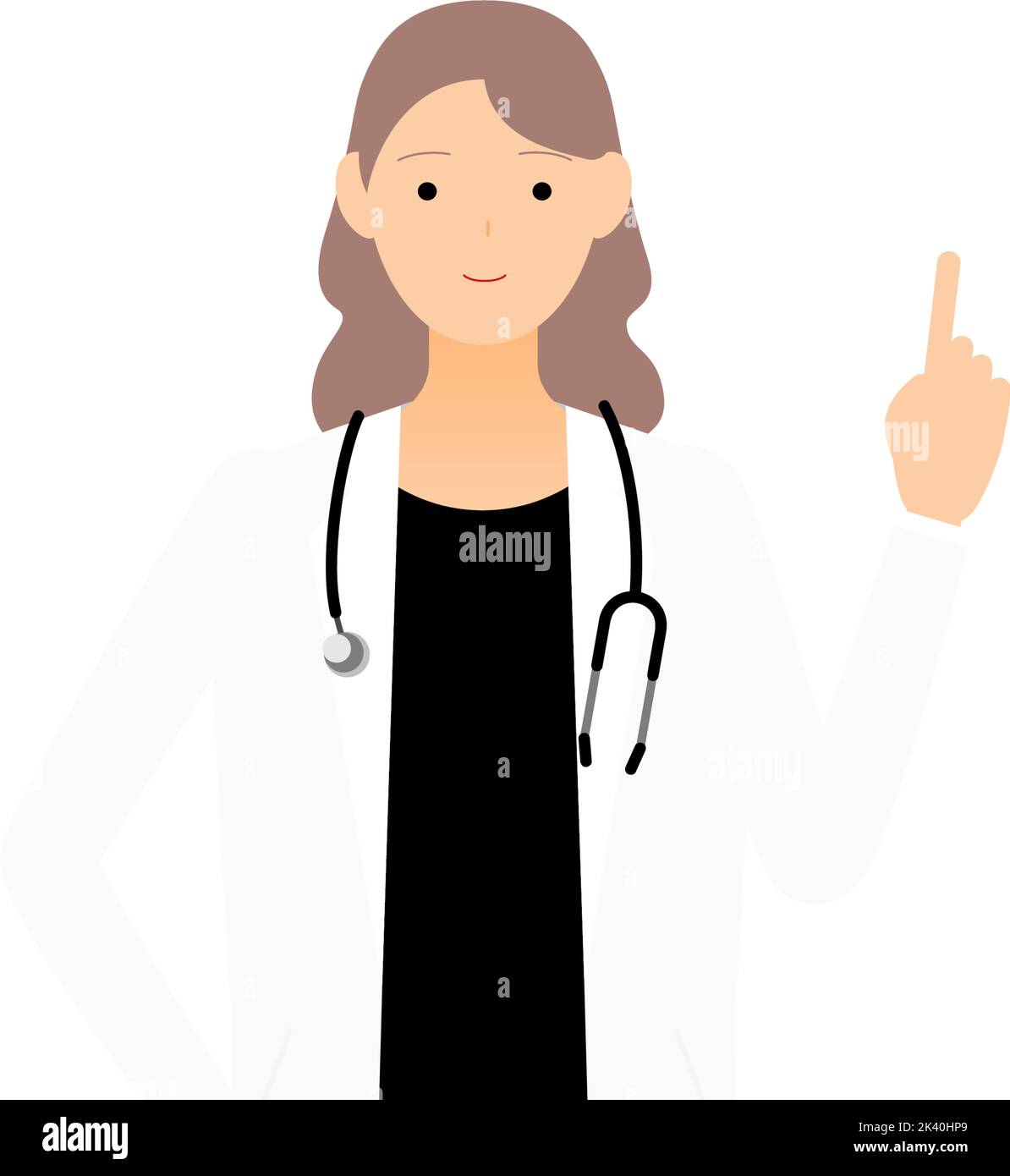 Female doctor in white coat holding up index finger - Pointing pose