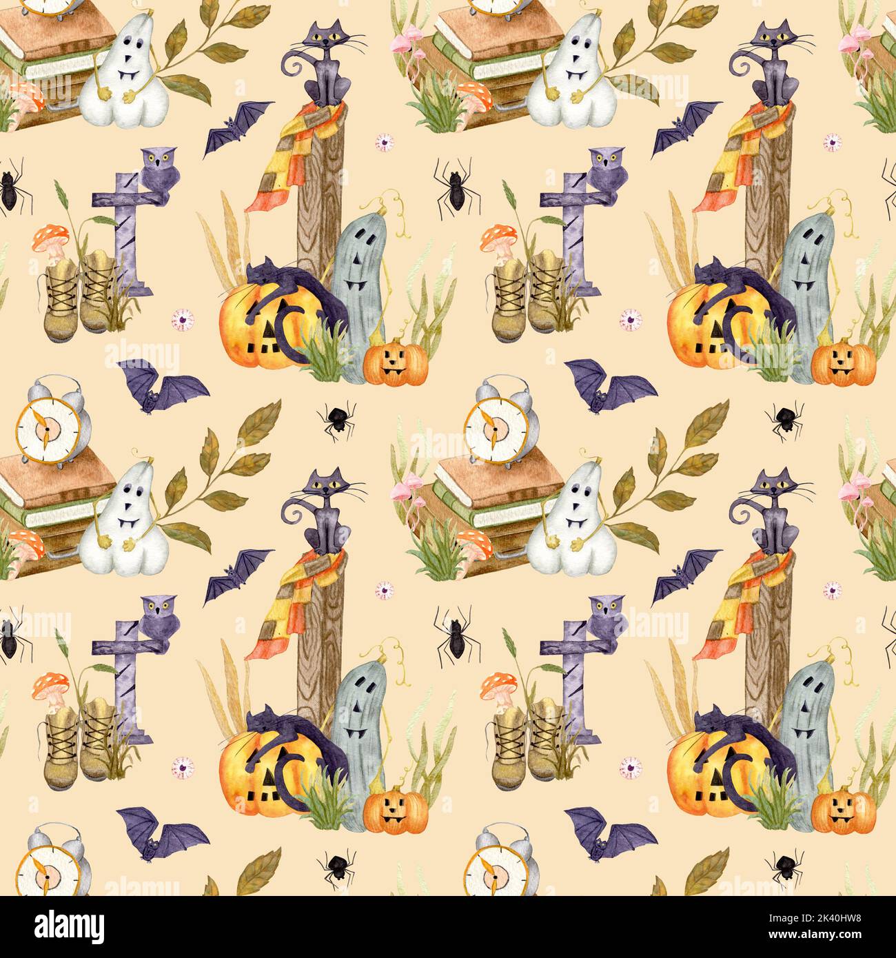 Halloween pattern with the Black Cat and Jack o Lantern. Watercolor ...
