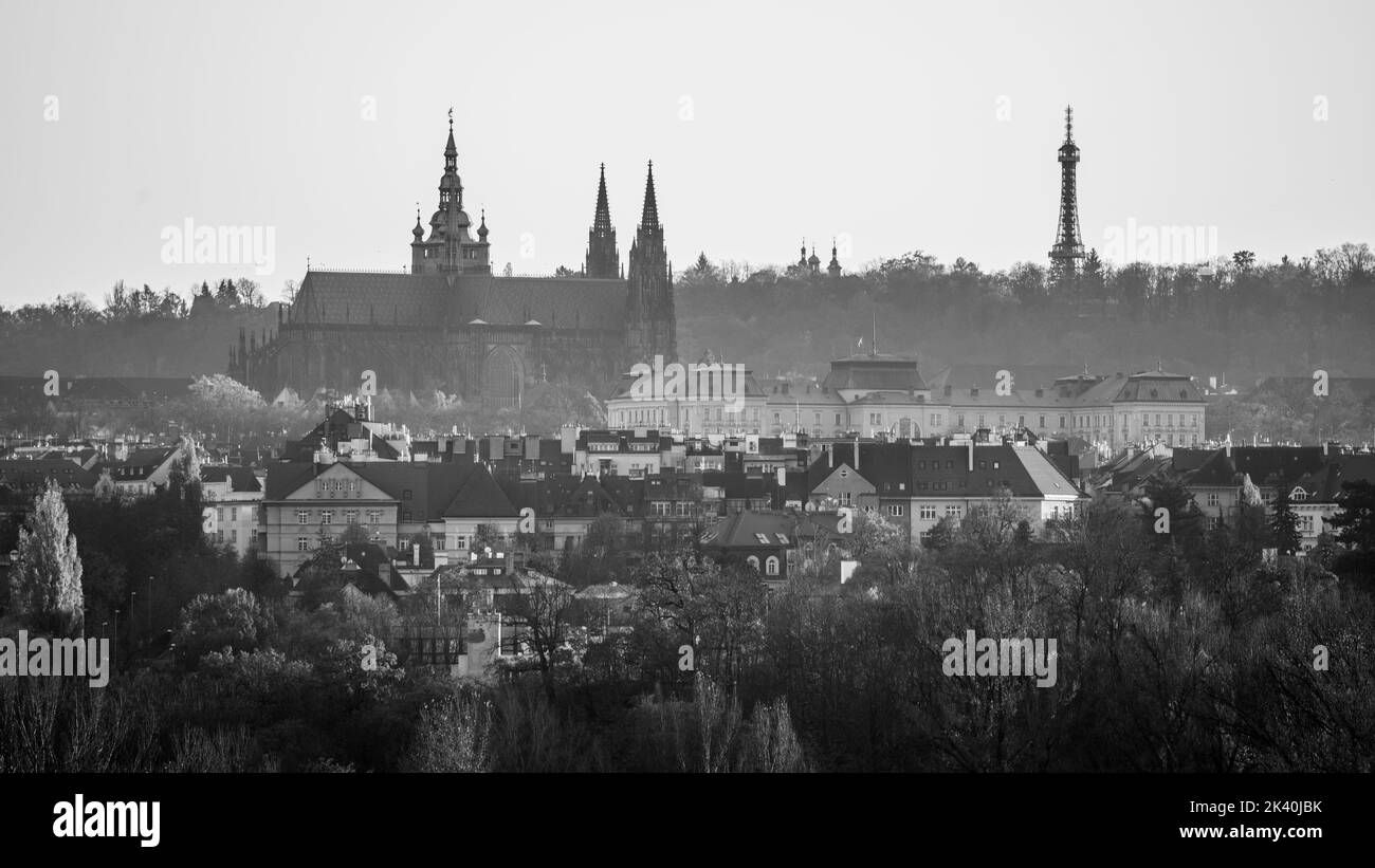 Silhouette of Saint Vitus Cathedral in autumnal haze Stock Photo