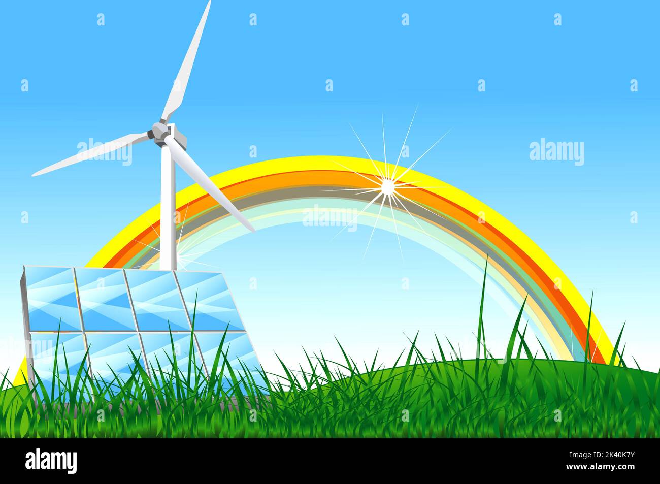 Panels with solar cells and wind generators on a green field with blue ...