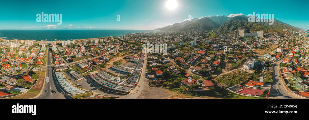 Wide angle view of the town of Los Corales, Vargas, Venezuela. Aerial View 360 Stock Photo