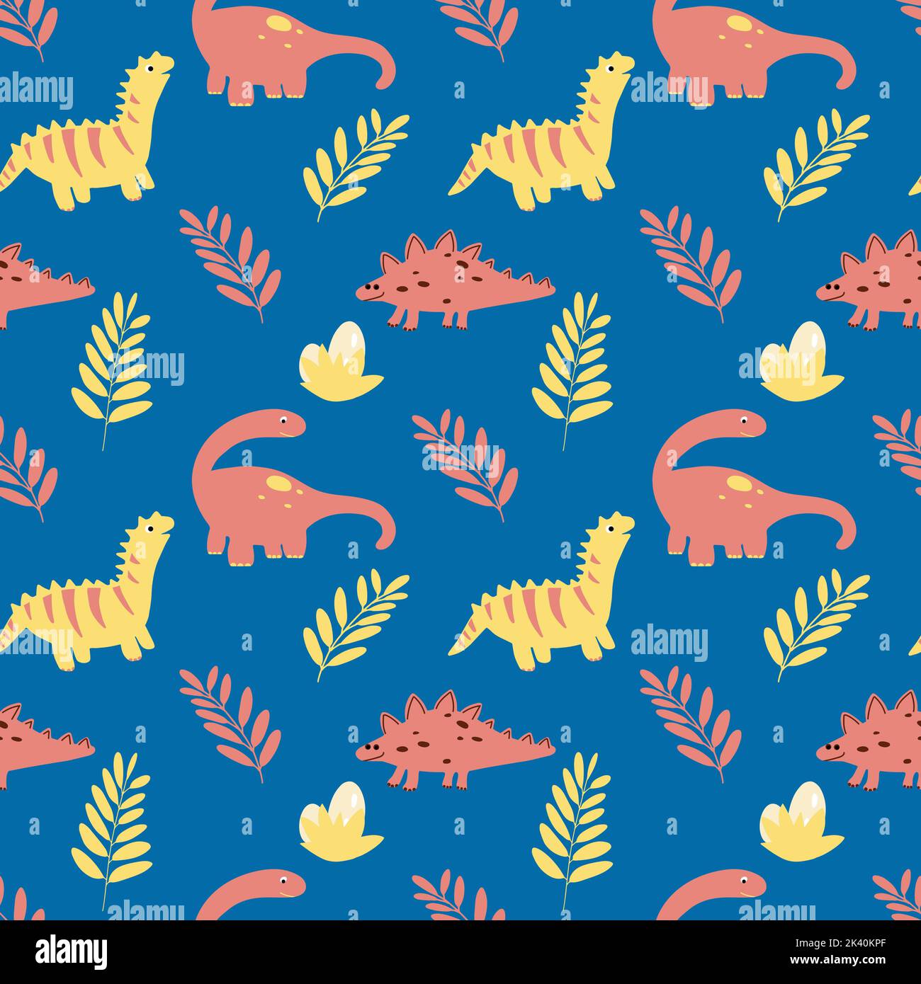 Vector seamless pattern with dinosaurs and leaves in cartoon flat ...