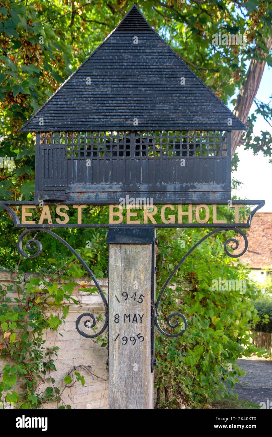 Village sign, The Street, East Bergholt, Suffolk, England, United Kingdom Stock Photo