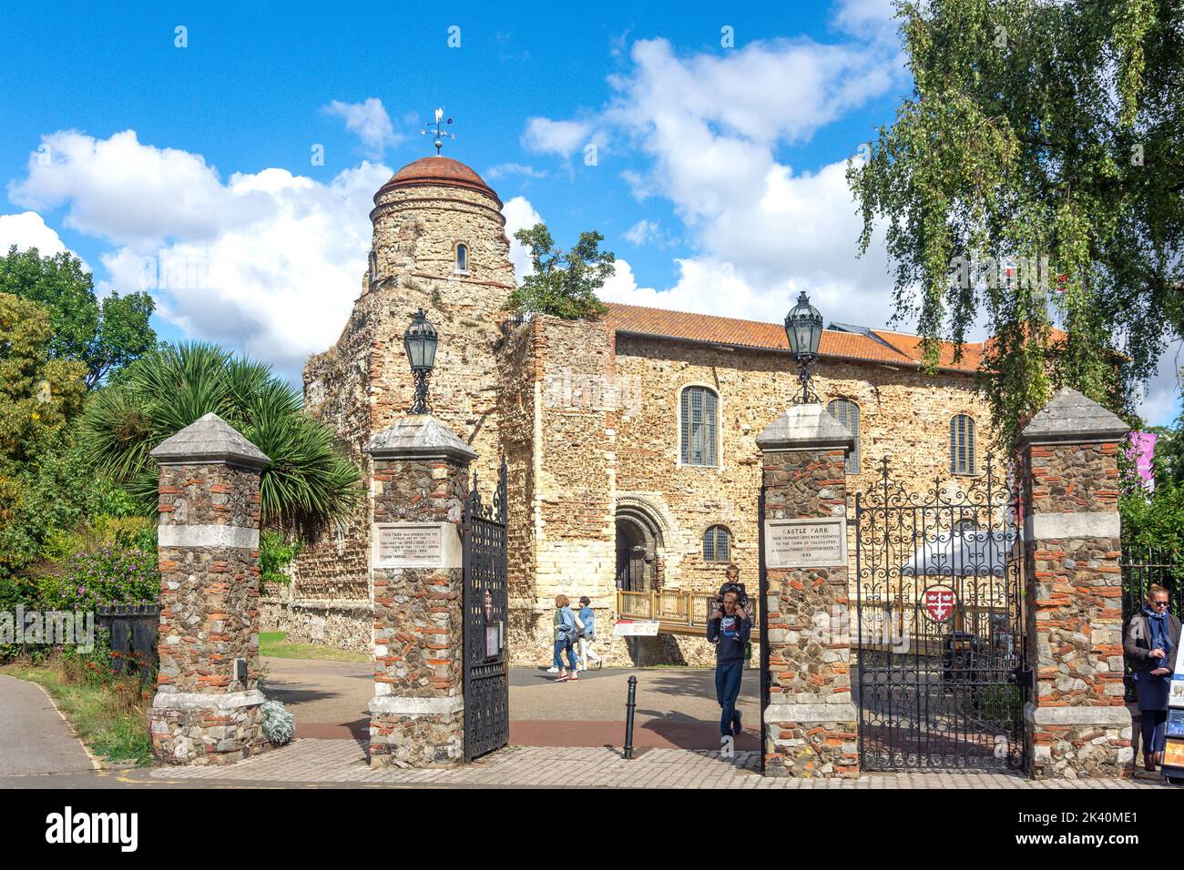 Entrance gate to 11th century Colchester Castle, Upper Castle Park, Colchester, Essex, England, United Kingdom Stock Photo