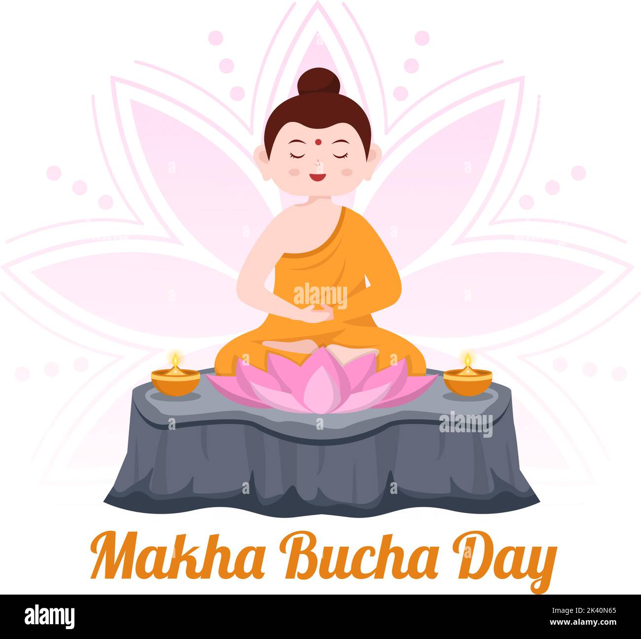 Happy Makha Bucha Day Template Hand Drawn Cartoon Flat Illustration Buddha Sitting in Lotus Flower under Bodhi Tree at Night Surrounded by Monk Stock Vector