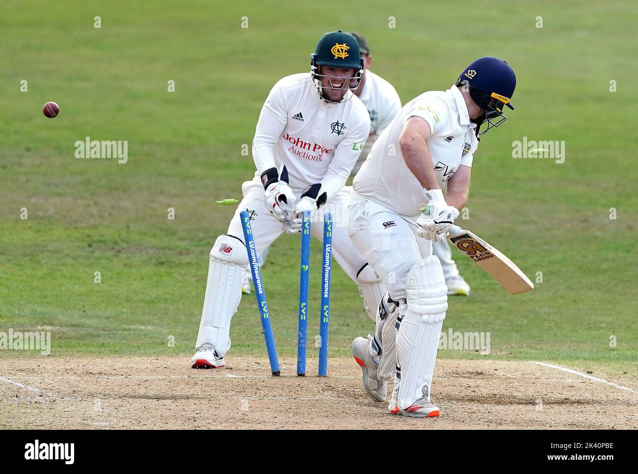 Durham's Ben Raine is bowled out Nottinghamshire's Liam Patterson-White during day four of the LV= Insurance County Championship, Division two match at Trent Bridge, Nottingham. Picture date: Thursday September 29, 2022. Stock Photo