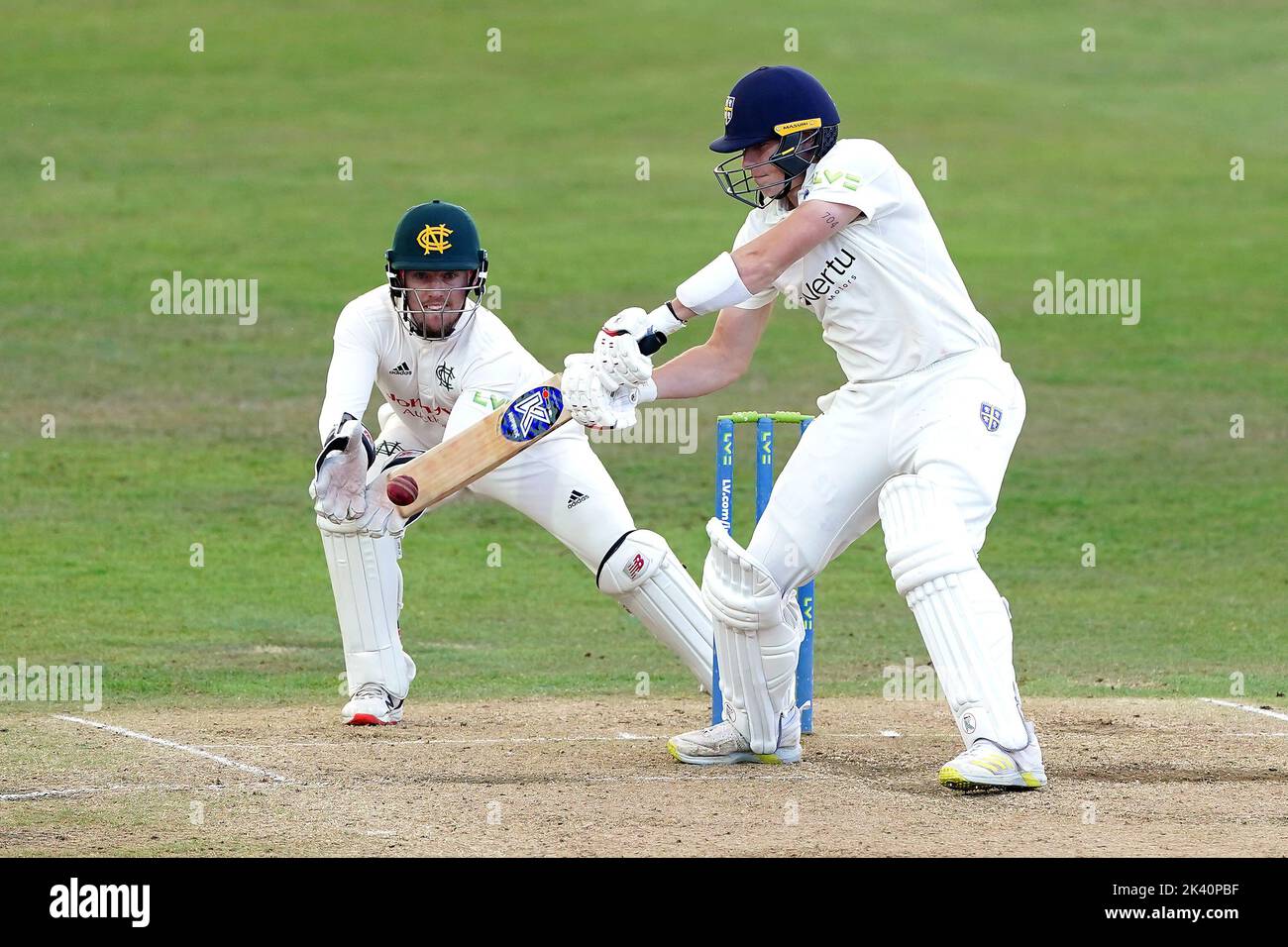 Durham's Matthew Potts strikes the ball during day four of the LV= Insurance County Championship, Division two match at Trent Bridge, Nottingham. Picture date: Thursday September 29, 2022. Stock Photo