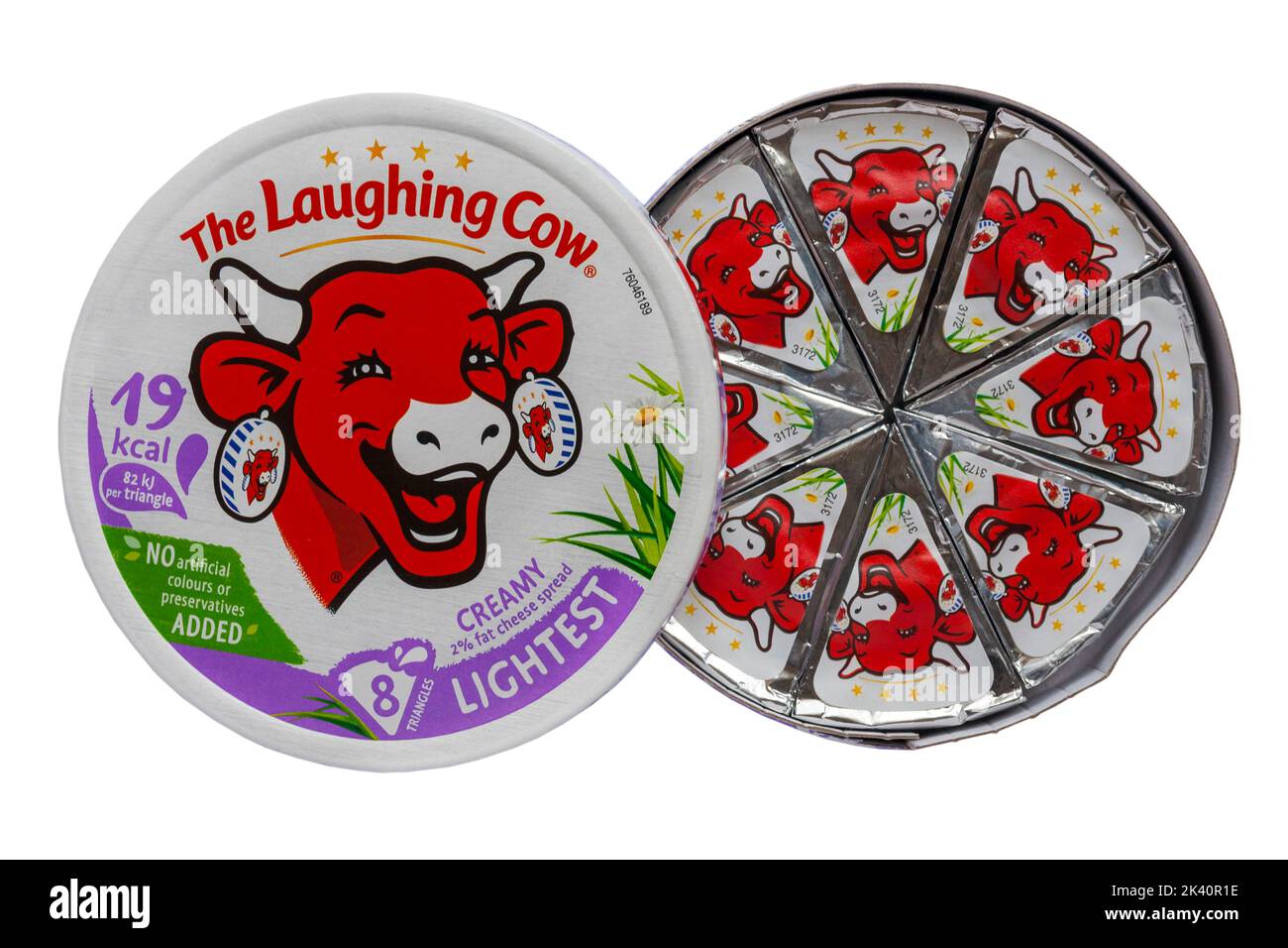 Packet of The Laughing Cow Lightest creamy 2% fat cheese spread with lid removed to show contents isolated on white background Stock Photo