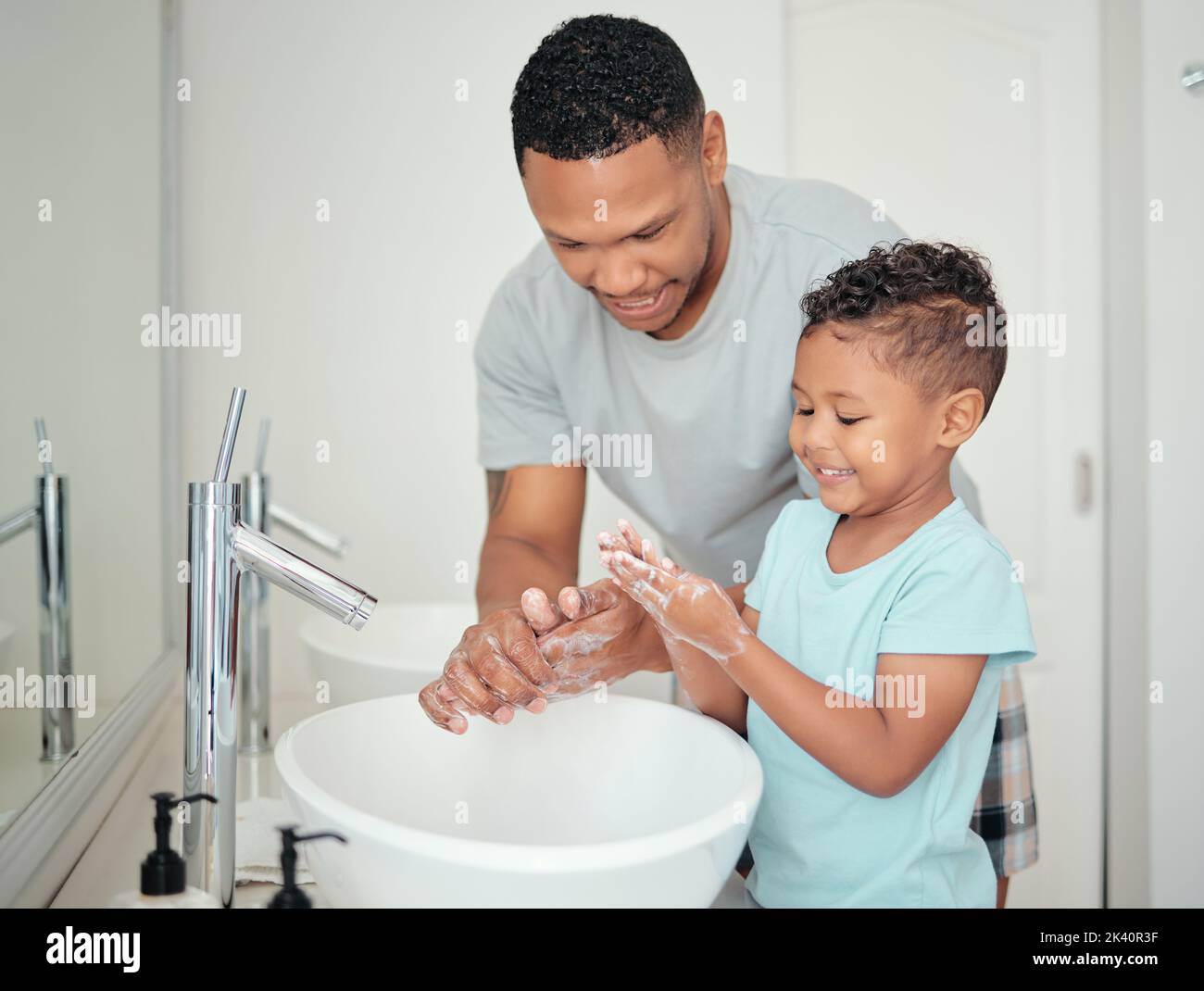 Soap, father and child cleaning hands for hygiene, wellness and ...