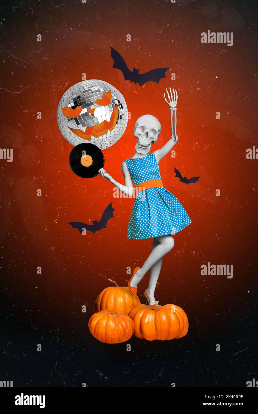 Collage photo of young funny retro dressed woman wear skirt high heels stay pumpkin halloween scary hold plate headless isolated on red color Stock Photo