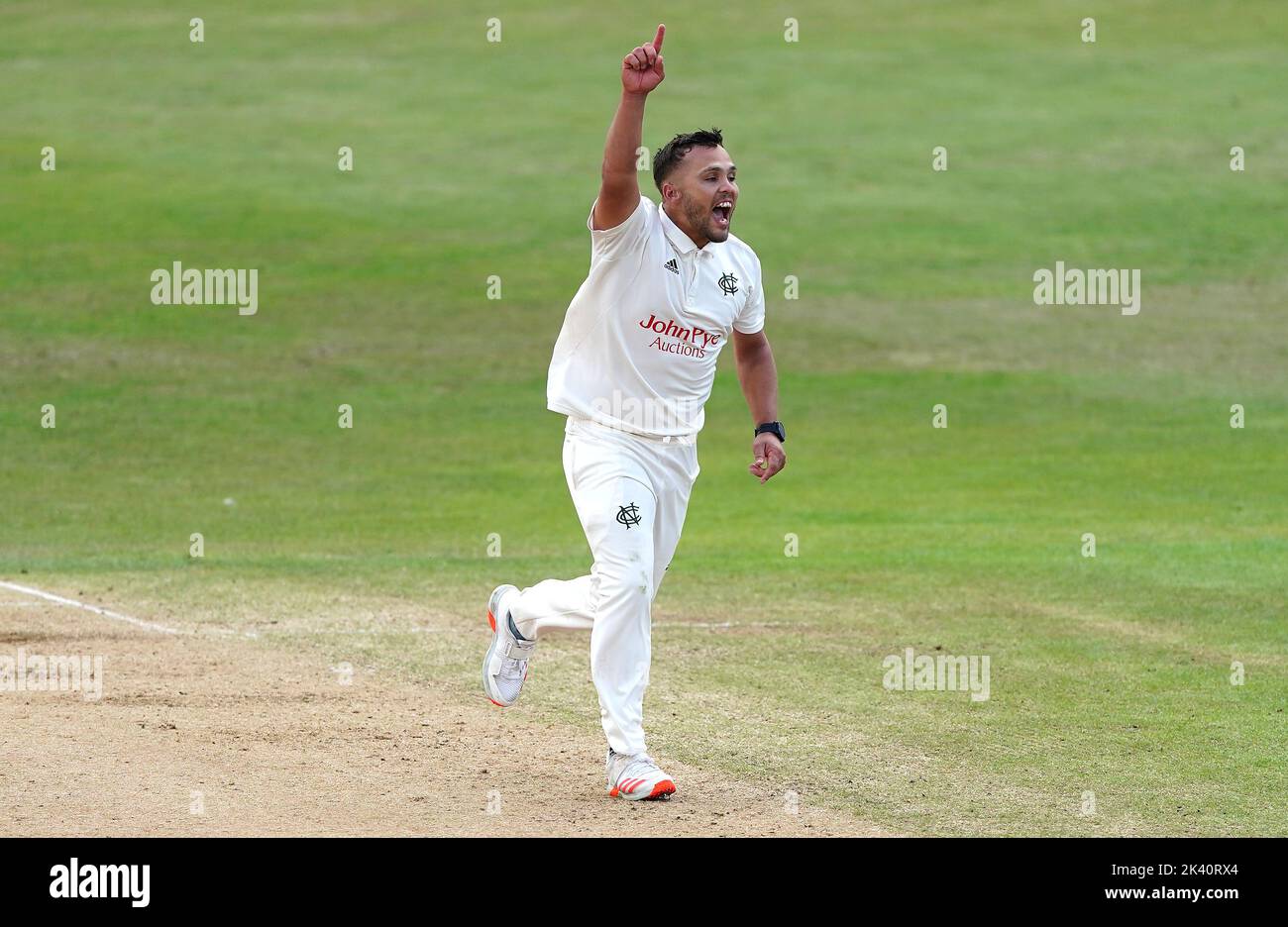 Nottinghamshire's Dan Patterson celebrates the wicket of Durham's Matthew Potts, caught by Matt Montgomery during day four of the LV= Insurance County Championship, Division two match at Trent Bridge, Nottingham. Picture date: Thursday September 29, 2022. Stock Photo
