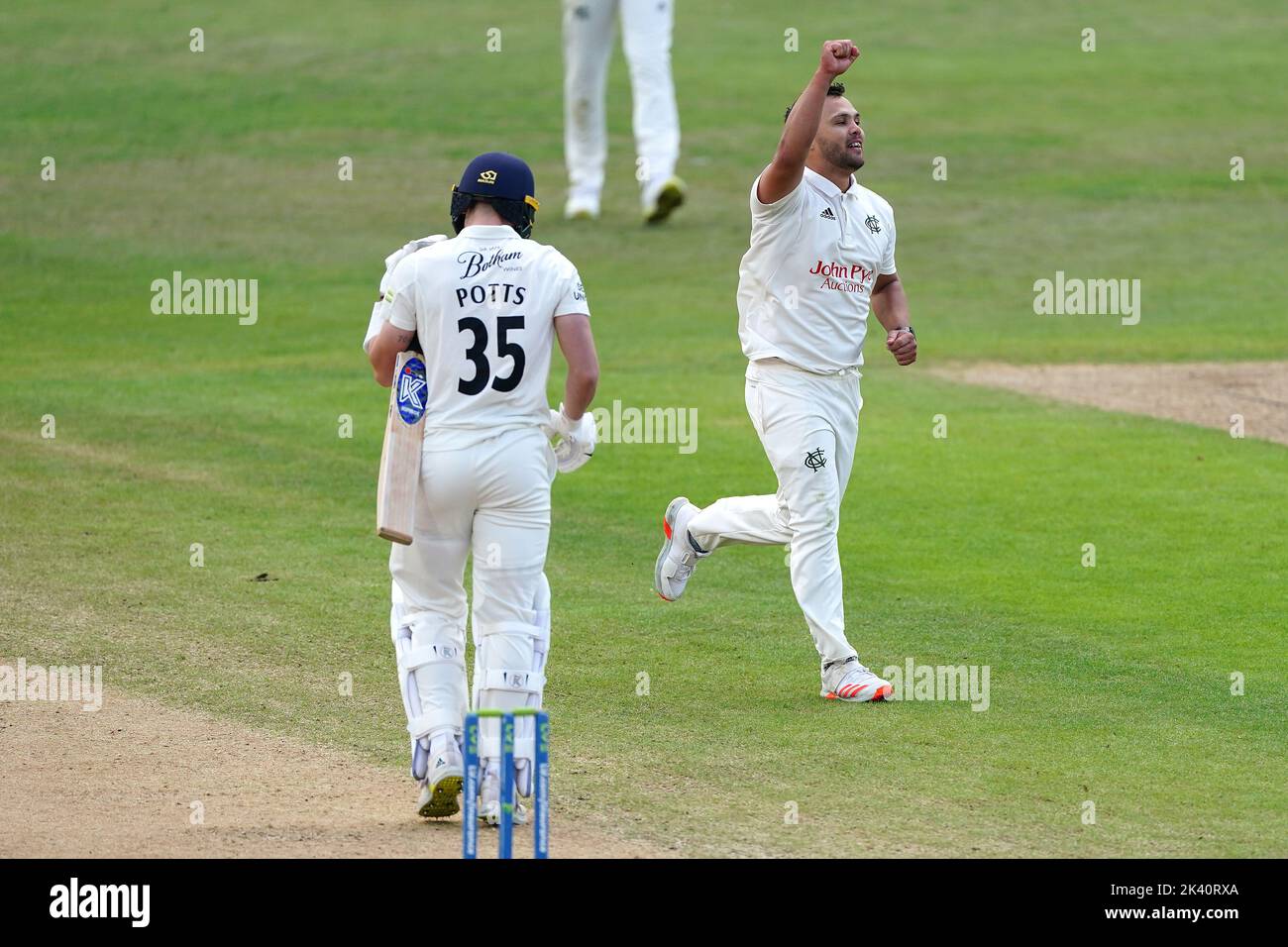 Nottinghamshire's Dan Patterson celebrates the wicket of Durham's Matthew Potts, caught by Matt Montgomery during day four of the LV= Insurance County Championship, Division two match at Trent Bridge, Nottingham. Picture date: Thursday September 29, 2022. Stock Photo