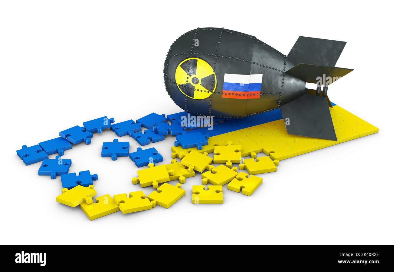 A nuclear bomb with the image of the Russian flag and puzzles in the form of the Ukrainian flag. 3d render. Stock Photo